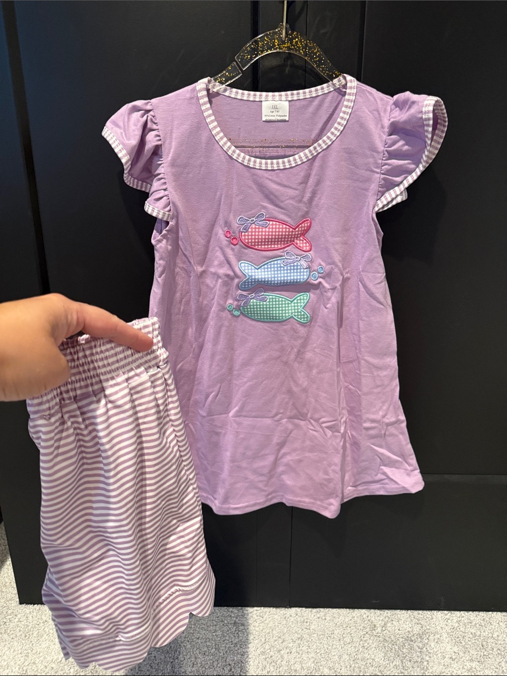 Kids Matching Set - Lavender Fish Appliqué Top & Striped Shorts